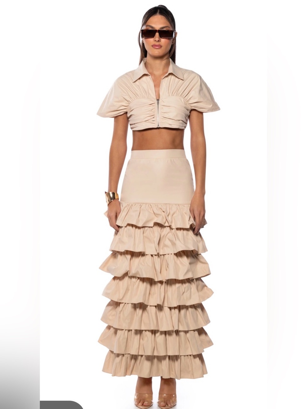 AKIRA Beige Tiered Ruffle Maxi Skirt and cropped top Two-Piece Set